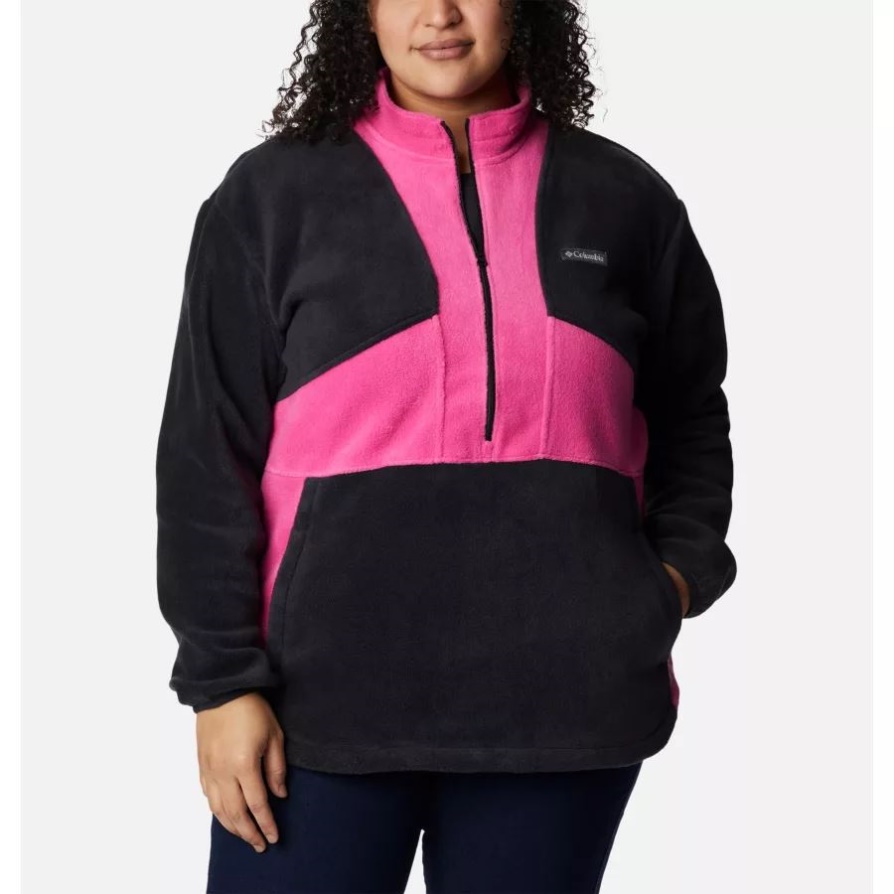 שחור/ורוד Ice Columbia נשים נבדק קשוח בצבע ורוד Colorblock סוודר צמר חצי רוכסן פלוס מידה