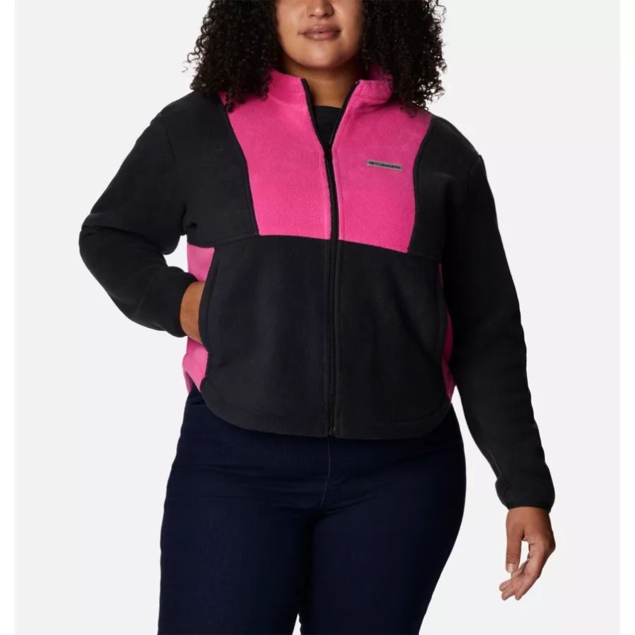 שחור/ורוד קרח נשים נבדק קשוח בצבע ורוד Colorblock מעיל צמר עם רוכסן מלא פלוס מידה קולומביה