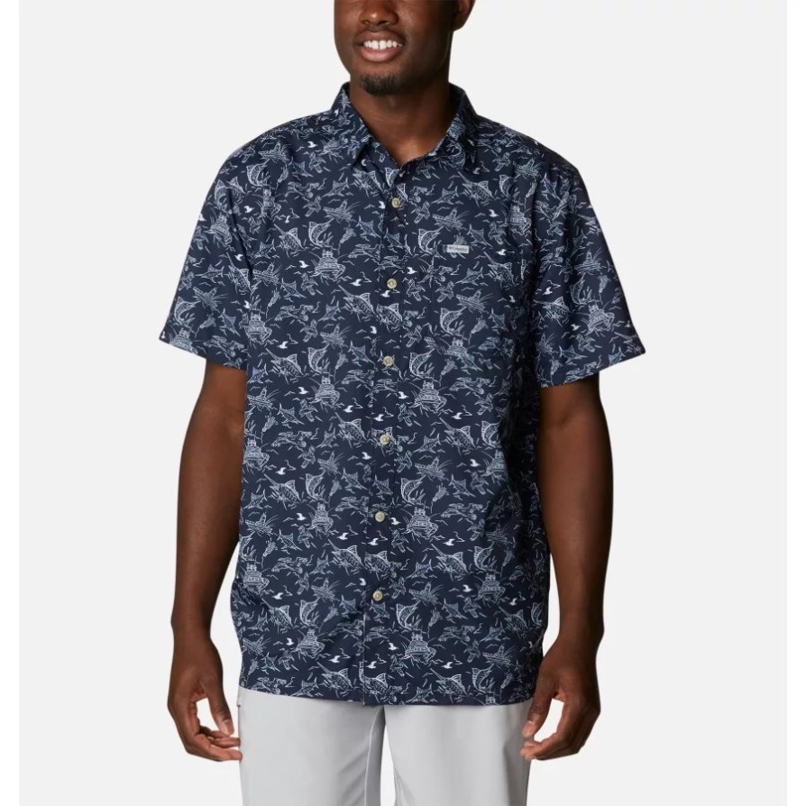 Coll Navy Small Mighty Marlins Print גברים Pfg Super Slack Tide Camp חולצה קולומביה