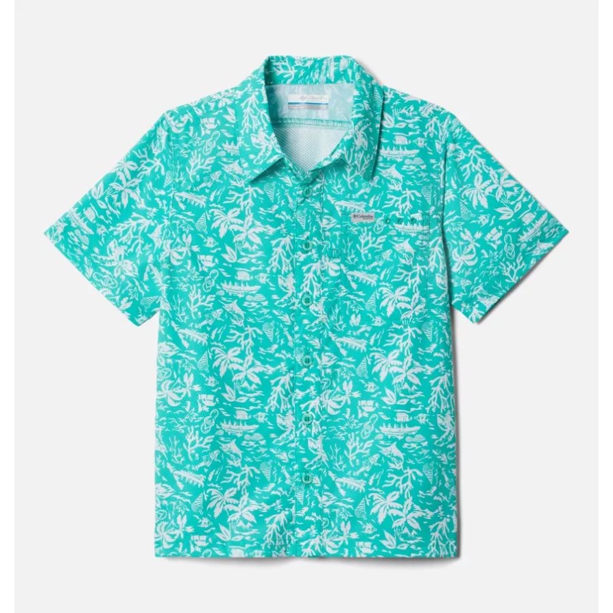 Columbia Boys Pfg Super Slack Tide חולצת מחנה שרוולים קצרים חשמלי טורקיז Kona