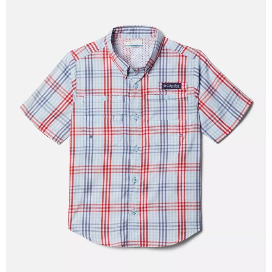 Columbia Boys Pfg Super Tamiami חולצת שרוול קצר כחול אבן גינגהם