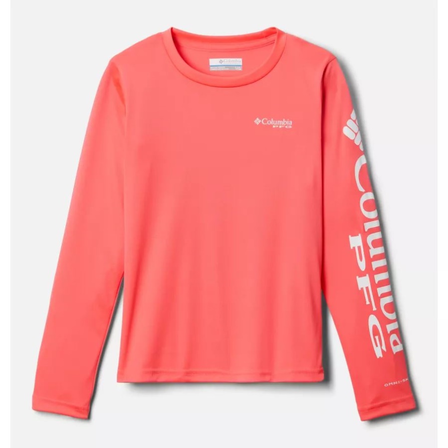 Columbia Girls Pfg Tidal חולצת טריקו עם שרוולים ארוכים ניאון זריחה/לוגו לבן