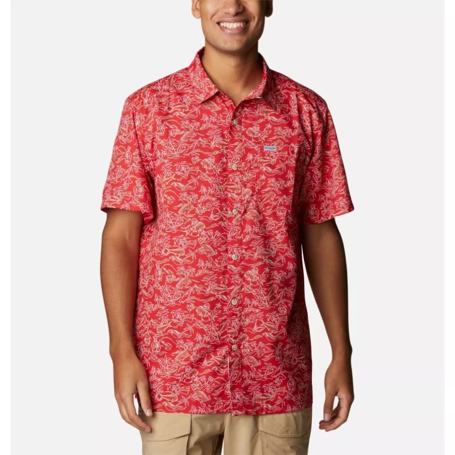 Columbia Men's Pfg Super Slack Tide Camp חולצה אדומה ניצוץ הדפס מאהי שמח