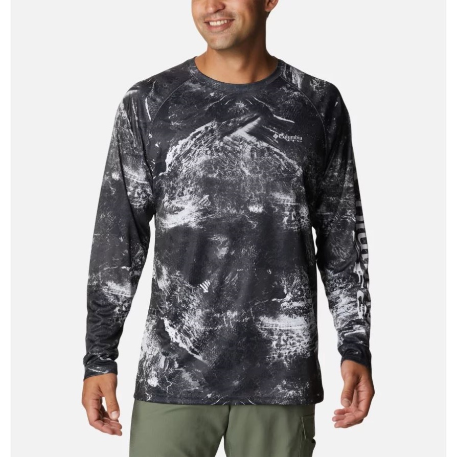 Columbia גברים Pfg Super Terminal Tackle חולצה עם שרוולים ארוכים שחור Realtree Horizon