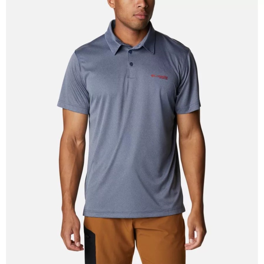 Columbia גברים Pfg Terminal Tackle Heather Polo פחמן אברש/לוגו ניצוץ אדום