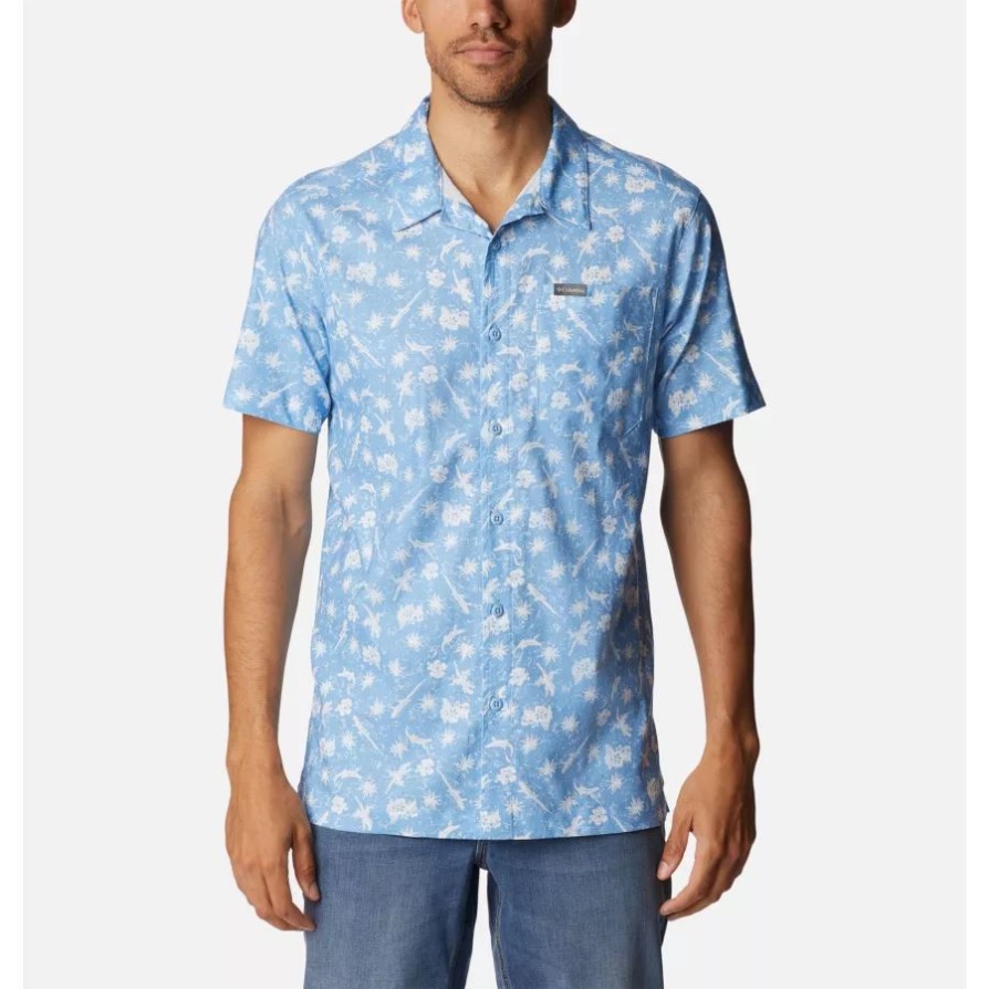 Columbia Men's Sage Springs פשתן חולצה עם שרוולים קצרים Jet Stream Desert Daze