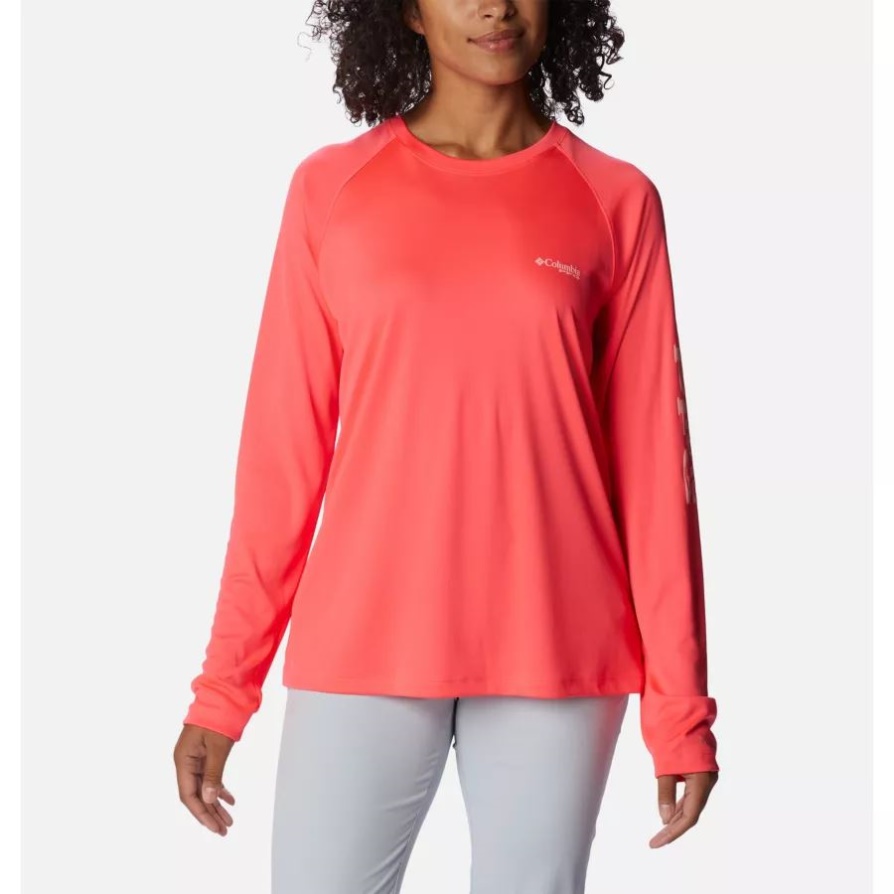 Columbia Neon Sunrise/tiki ורוד לוגו נשים Pfg Tidal Tee Ii חולצה עם שרוולים ארוכים