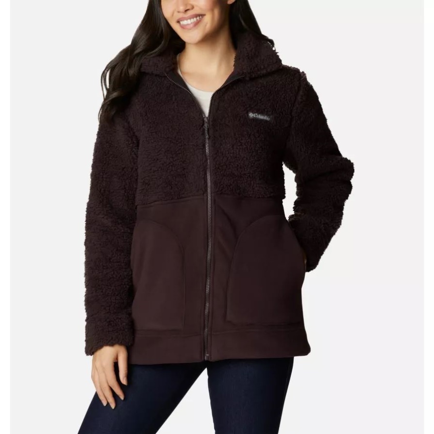 Columbia New Cinder לנשים חורף Pass Sherpa מעיל צמר ארוך עם רוכסן מלא