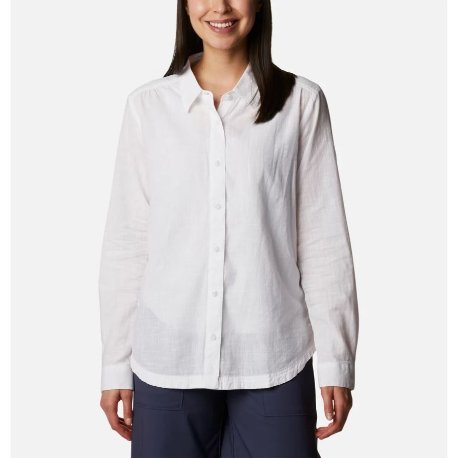 Columbia White Chambray נשים מחנה הנרי III חולצה עם שרוולים ארוכים