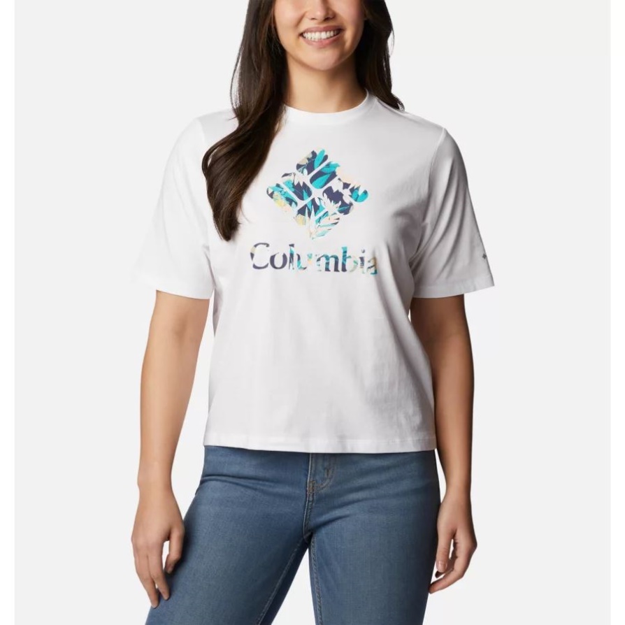 חולצת טריקו רגועה של קולומביה לבן/חן ויסטריאן לנשים בצפון Cascades