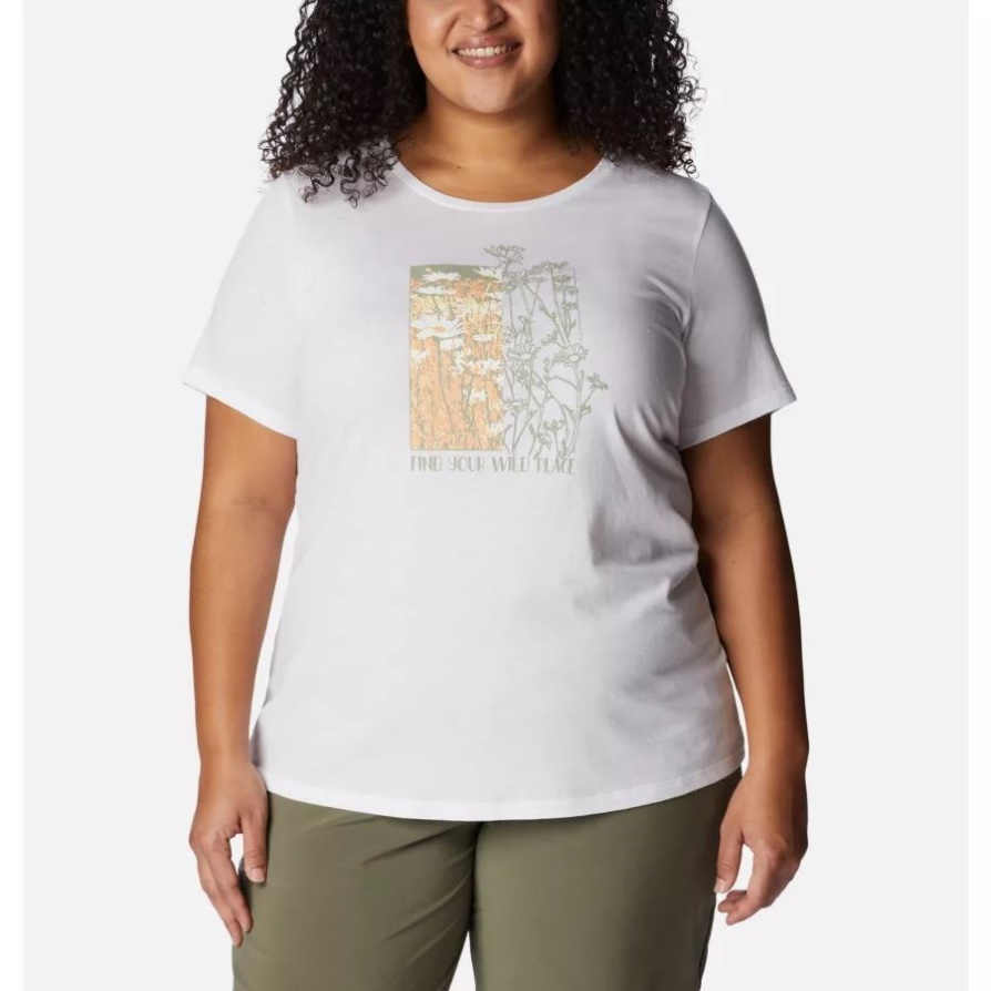 חולצת טריקו גרפית לנשים של דייזי ימים של קולומביה בגודל לבן/מצא את הגרפיקה הפרועה שלך