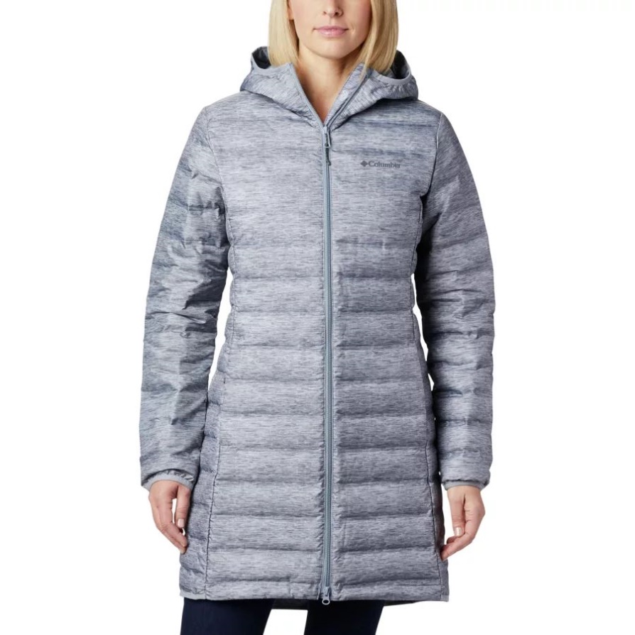 Columbia Women's Lake 22 מעיל פוך ארוך עם קפוצ'ון Tradewinds אפור אברש