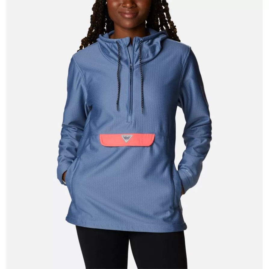 Columbia Women's Pfg Skiff Guide Fleece Anorak Bluestone/neon Sunrise