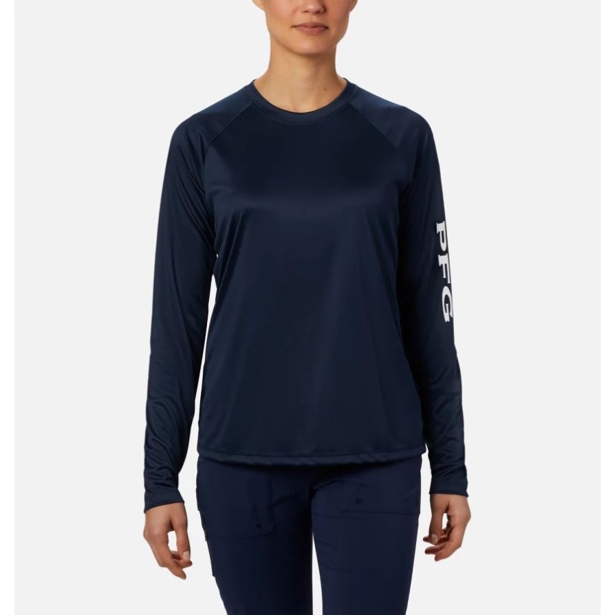 Columbia נשים Pfg Tidal Tee Ii חולצת שרוולים ארוכים קולג'י לוגו כהה/לבן