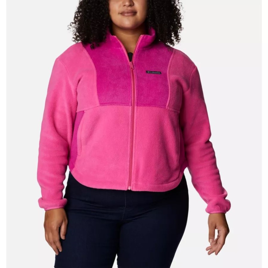 קולומביה נשים נבדק קשוח בצבע ורוד Colorblock מעיל צמר עם רוכסן מלא פלוס מידה ורוד קרח/פוקסיה פראית