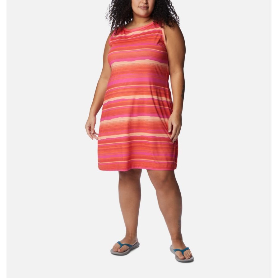 Sunset Orange/horizons Stripe Columbia Women's Chill River שמלה מודפסת במידות גדולות