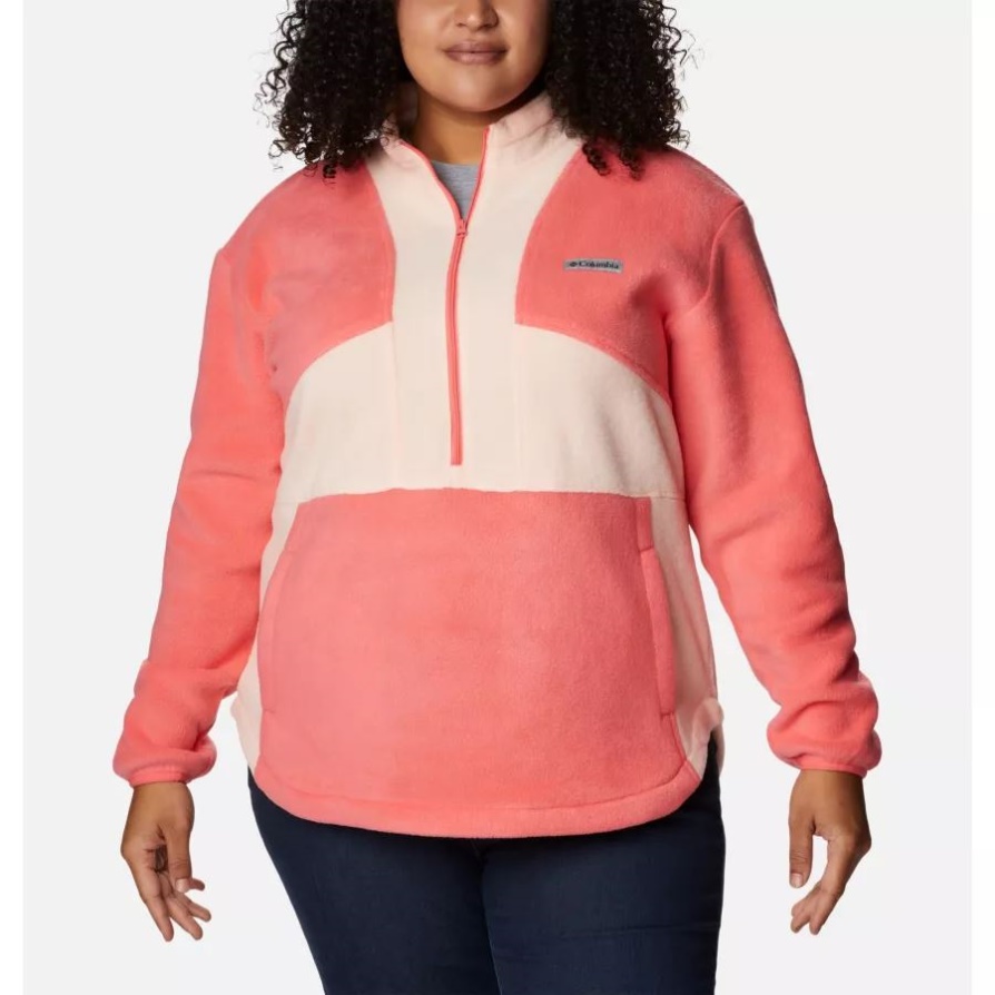 קפיצי בנטו לנשים Colorblock סוודר צמר חצי רוכסן בגודל פלוס סומק ורוד/פריחת אפרסק קולומביה