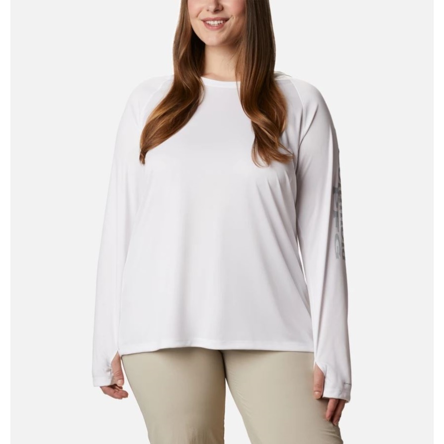קפוצ'ון נשים Pfg Tidal Tee בגודל פלוס לבן/סיררוס אפור לוגו קולומביה