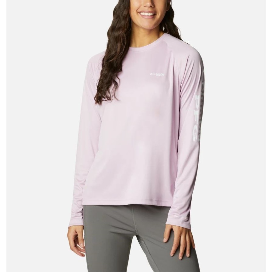 חולצה עם שרוולים ארוכים Pfg Tidal Tee לנשים, Columbia Aura/לוגו לבן