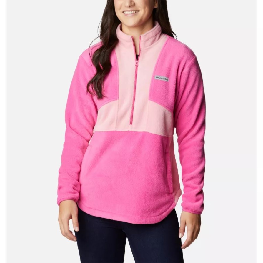 נשים נבדק קשוח בצבע ורוד Colorblock סוודר צמר חצי רוכסן ורוד קרח/סחלב ורוד קולומביה